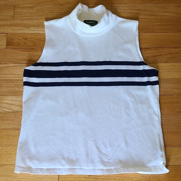Ralph Lauren White Sleeveless Top with Navy Stripes L - Picture 1 of 2